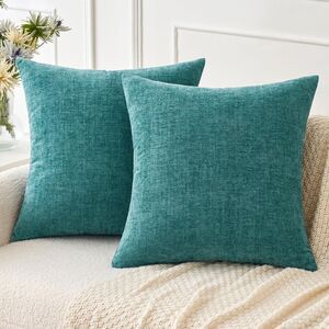 Soft Teal Throw Pillow Covers 18x18 Inch Soft Chenille (2 Pack)